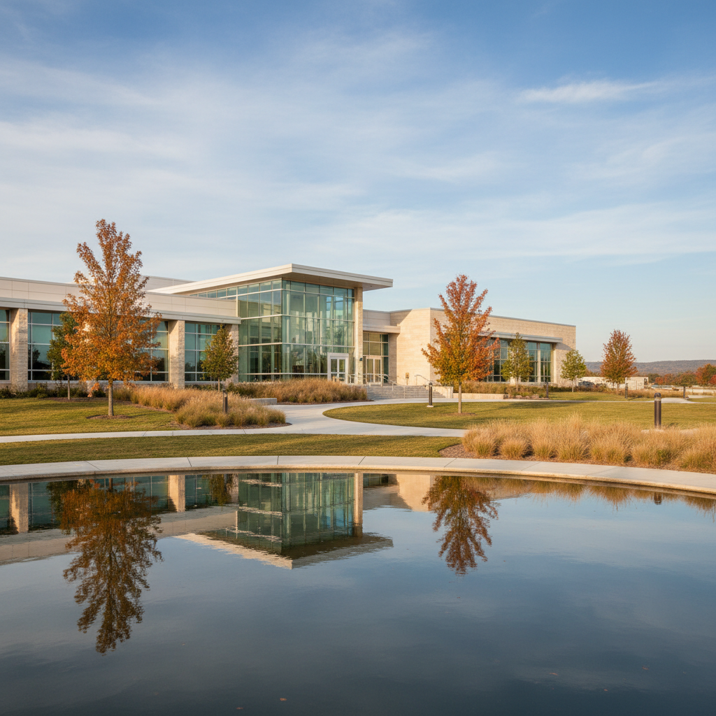 Modern building exterior with landscaped grounds, architectural photography, realistic setting.