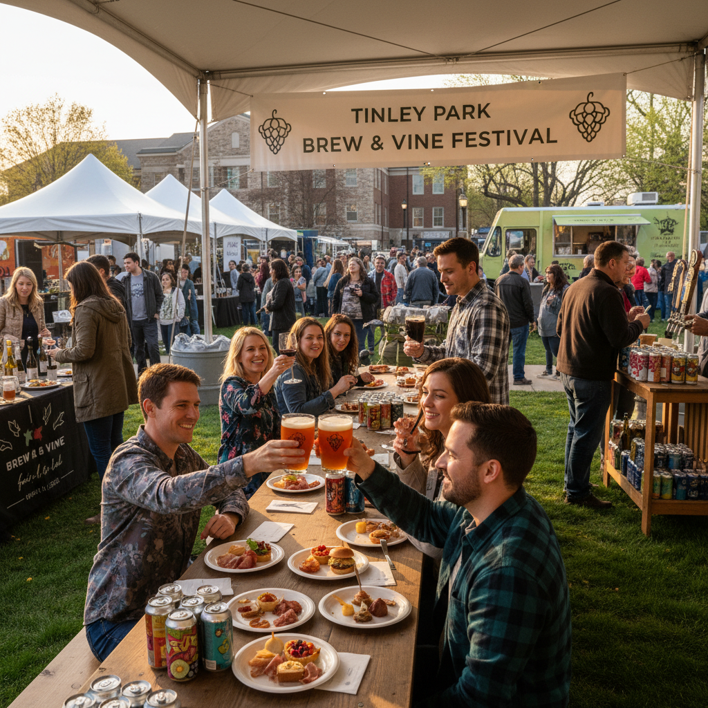 People enjoying craft beers and wines at the outdoor Tinley Park Brew & Vine Festival.