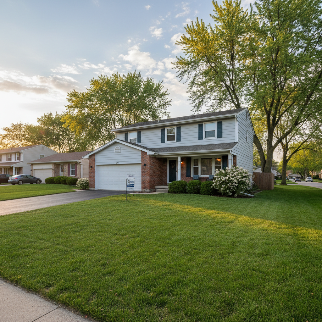A photorealistic image of a 1,284-square-foot single-family home in Tinley Park, Illinois.