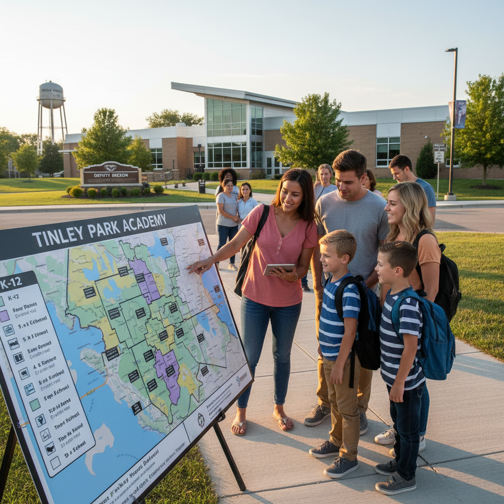 AI-generated image depicting a welcoming, diverse group of children and parents near a school building in Tinley Park.