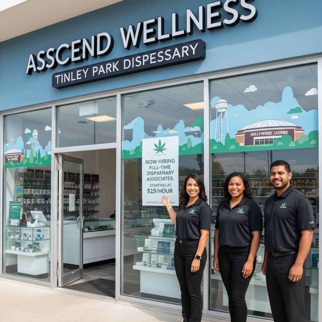 Modern dispensary storefront with Ascend Wellness Holdings branding, hiring for customer-facing roles.