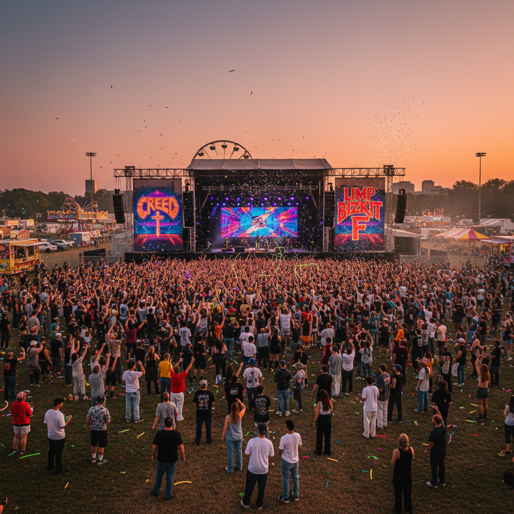 Rock bands Creed and Limp Bizkit perform outdoors at a 90s nostalgia festival.