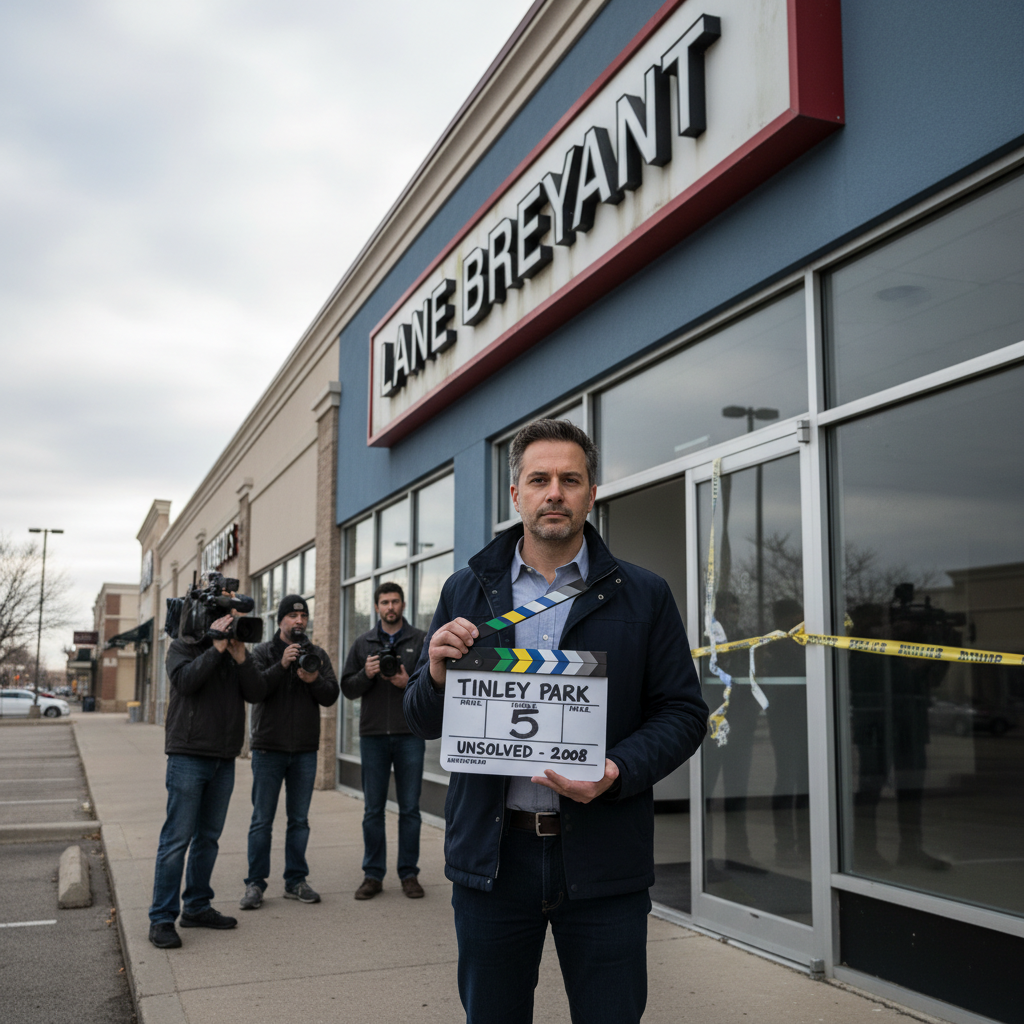 Crime scene in Tinley Park, Illinois, with flashing police lights and a building in the background.