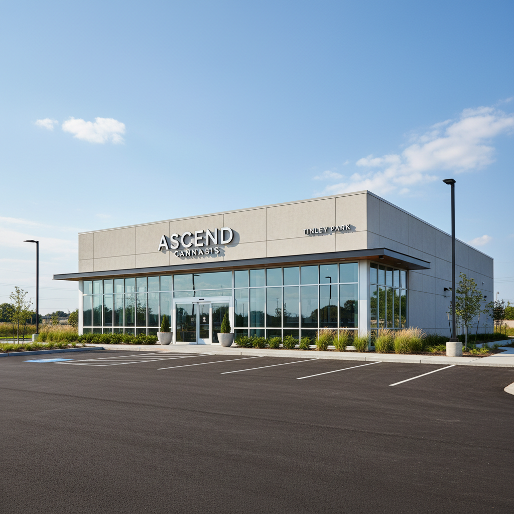 The modern storefront of the Ascend Cannabis Dispensary in Tinley Park, IL, showing its clean facade, large entrance, and ample parking on a sunny day.