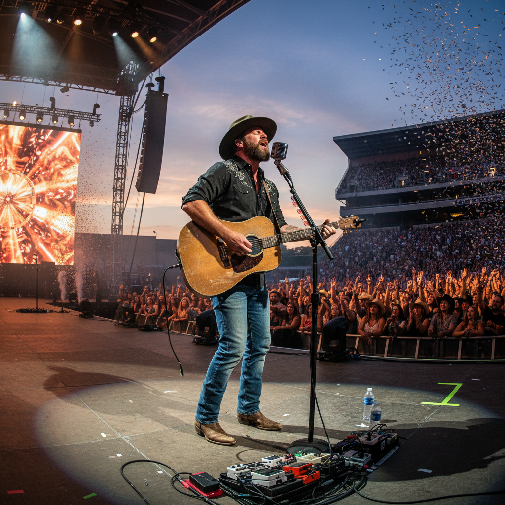 Country music star Chris Stapleton performing live on stage at the Credit Union 1 Amphitheatre in Tinley Park, Illinois.