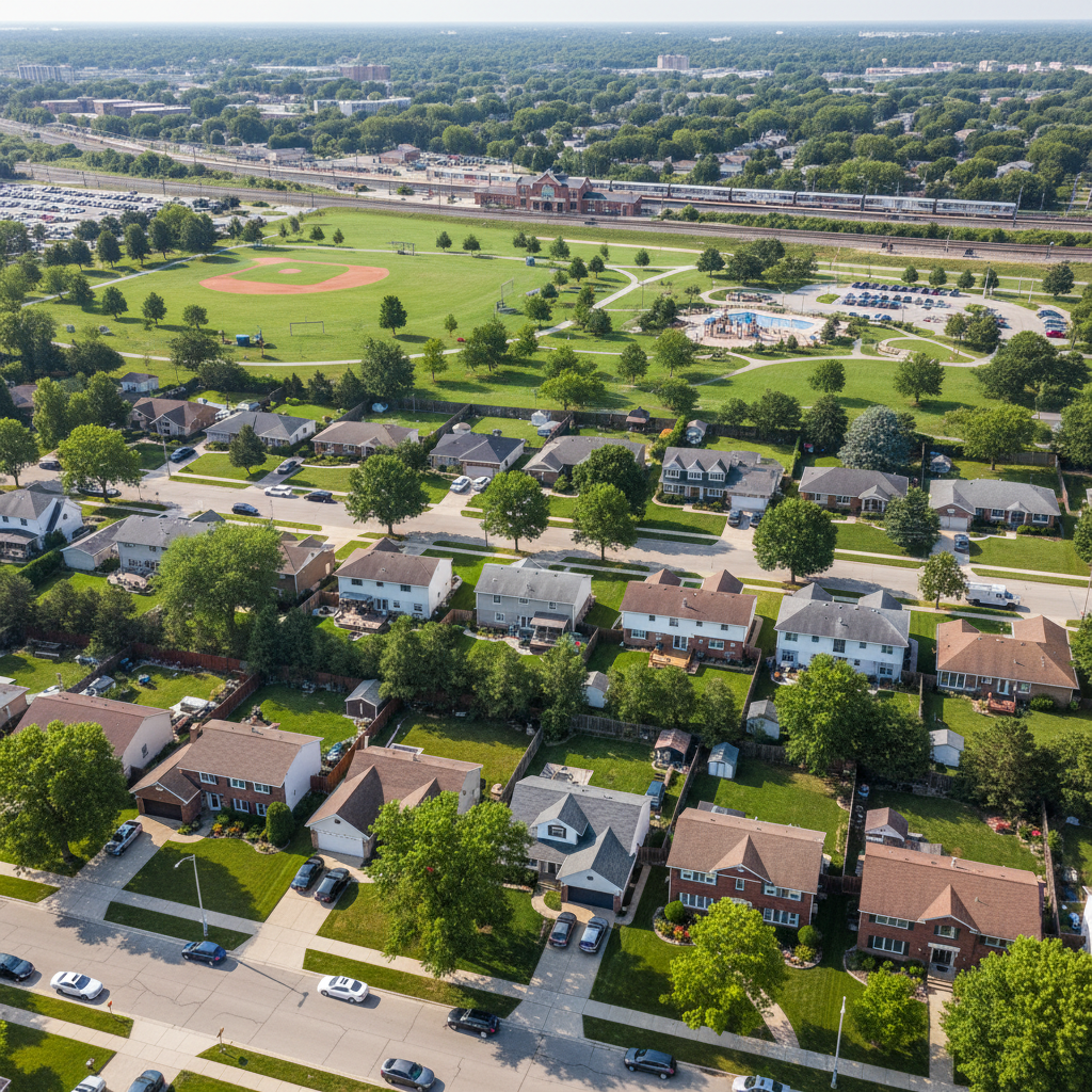 Leafy residential streetscape with classic suburban homes and manicured lawns in Tinley Park, Illinois, showcasing the suburb's family-friendly character.