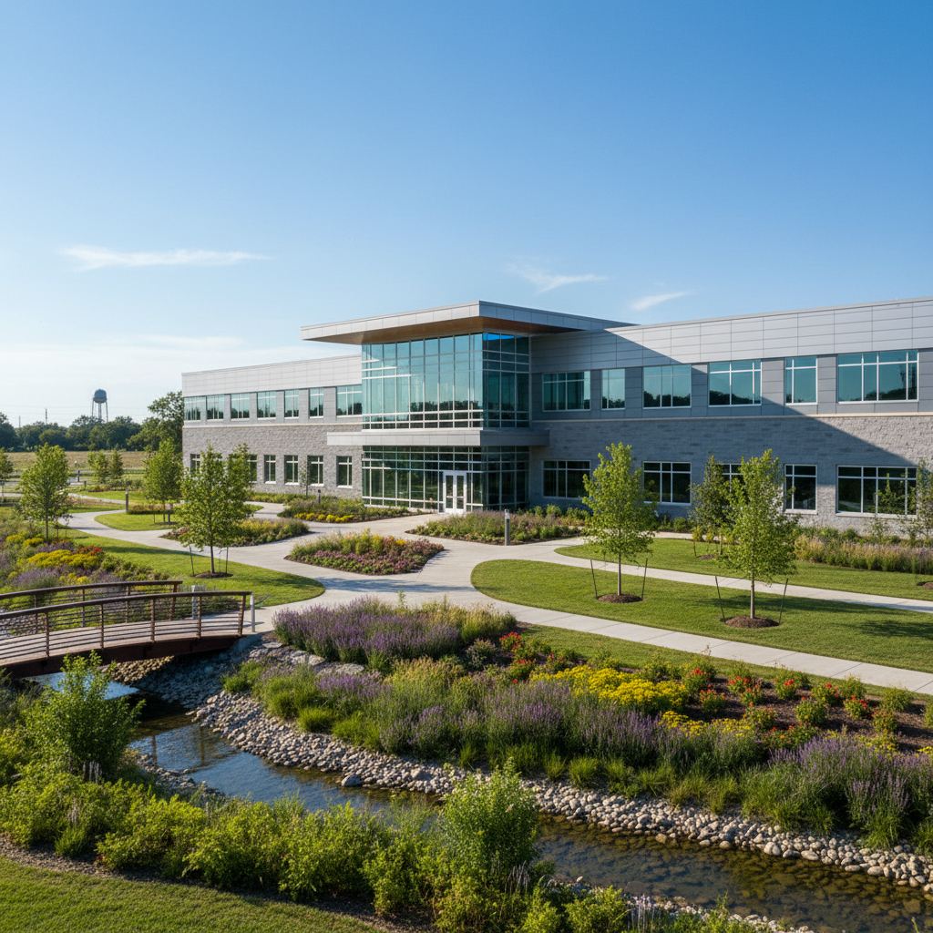 Modern educational building exterior with landscaped grounds, architectural photography style, realistic setting.