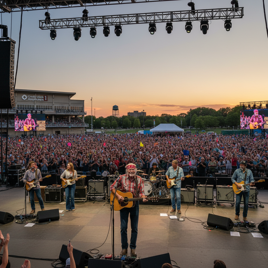 Willie Nelson performing at the Outlaw Music Festival in Tinley Park, with a vibrant and realistic outdoor amphitheater setting.