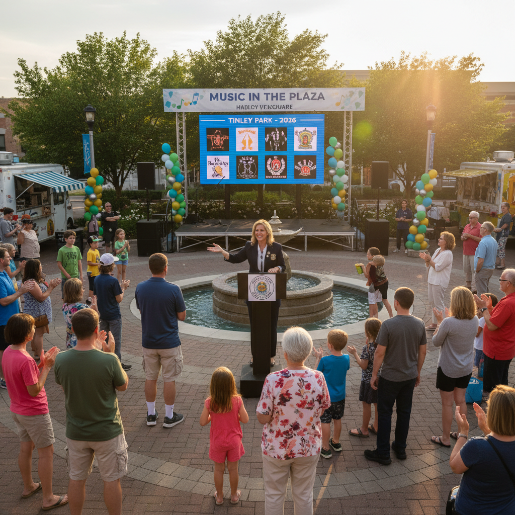 Warm lifestyle photo of Harmony Square in Tinley Park with a stage set for live music performances.