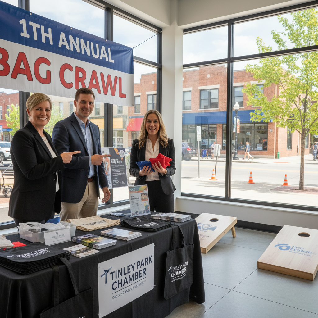 Tinley Park Chamber of Commerce members prepare for the 11th annual Bag Crawl event.