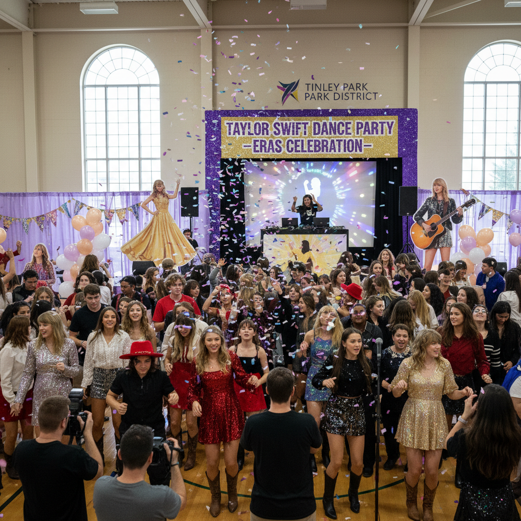 Young fans dance joyfully at a Taylor Swift-themed event held at the Tinley Park Park District.