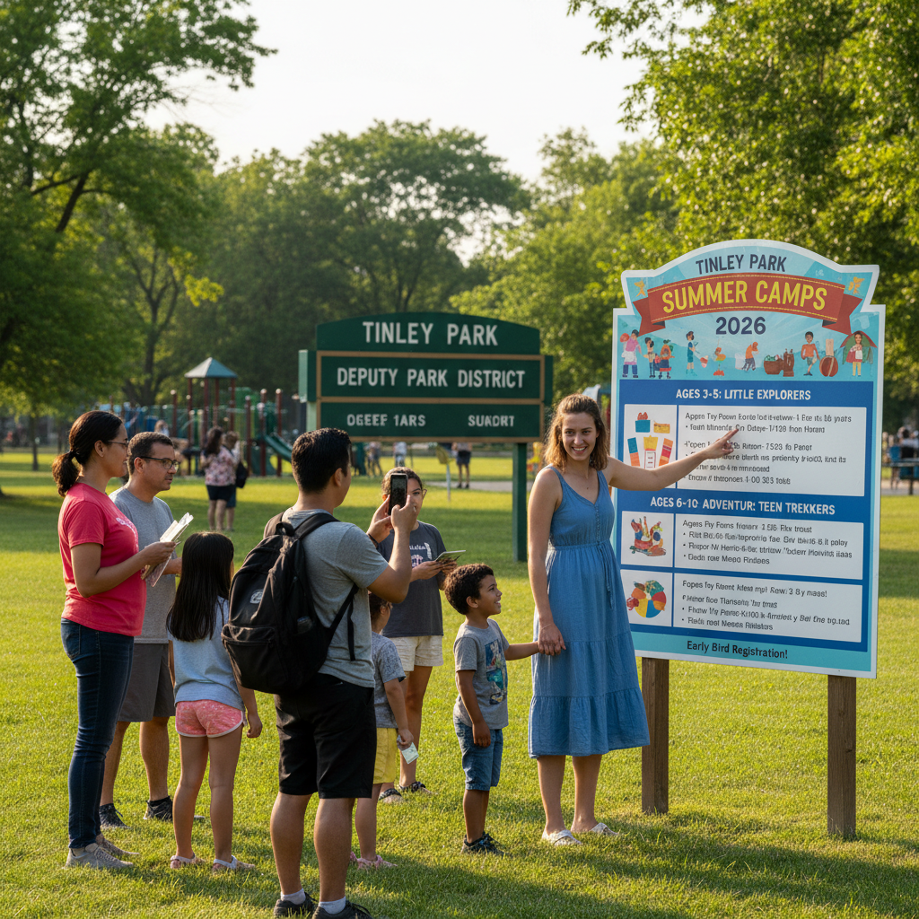 Parent and child looking at a summer camp brochure featuring Tinley Park programs.