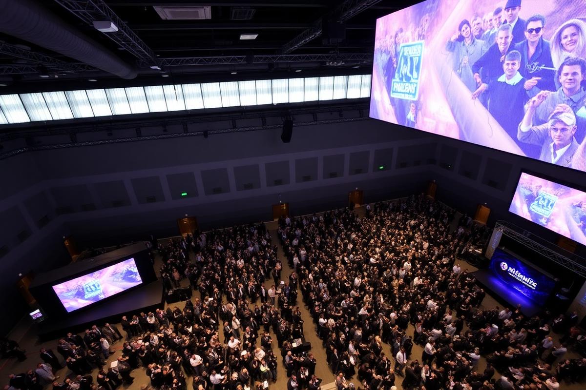 Aerial view of a large-scale conference venue with digital screens
