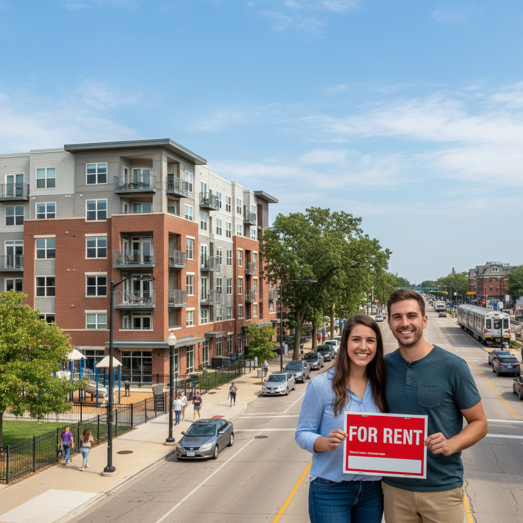 A realistic photo of Tinley Park showing apartment buildings and tree-lined streets for a local guide.