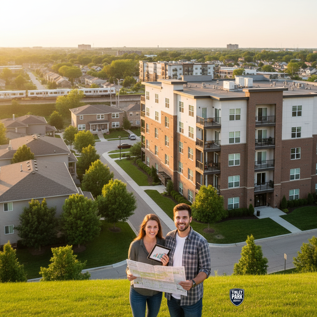 A realistic photograph of a welcoming suburban street in Tinley Park with residential buildings.