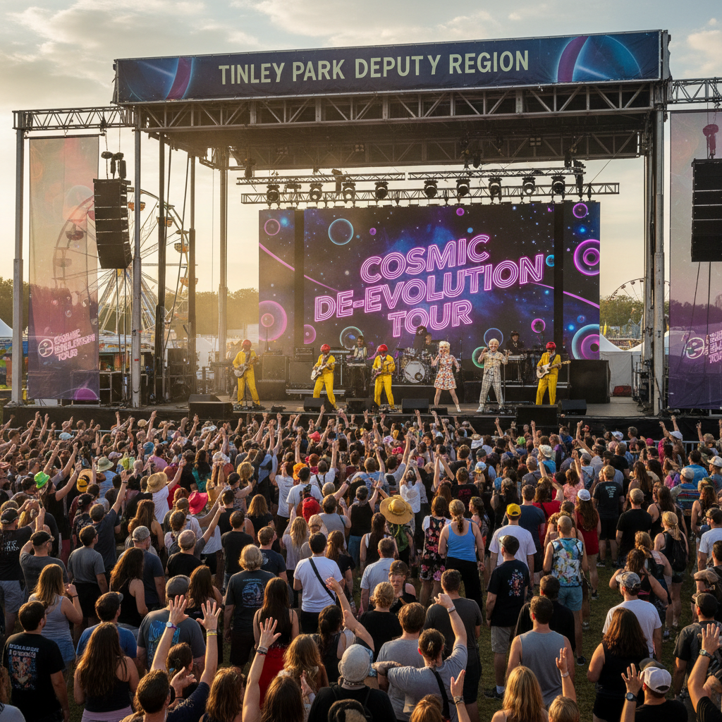 Devo and The B-52s band members perform energetic new wave music on an outdoor stage at night.