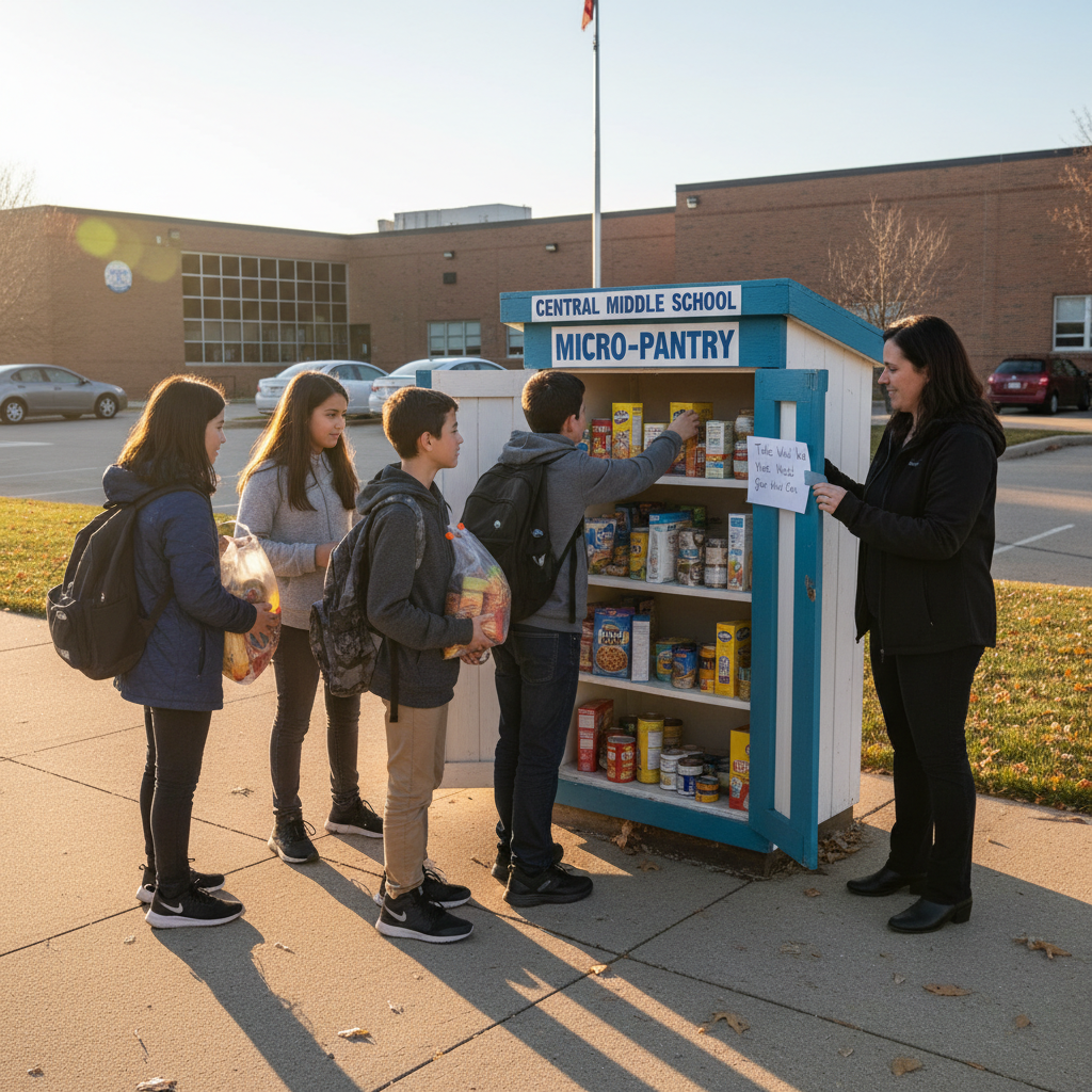 Students and staff stocking the Central Middle School Micro-Pantry in the south parking lot. — Tinley Park Deputy