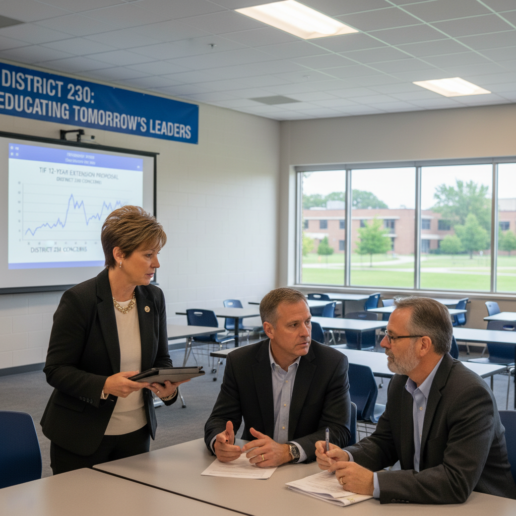 District 230 leaders express concern over Palos Heights' 12-year TIF extension proposal.