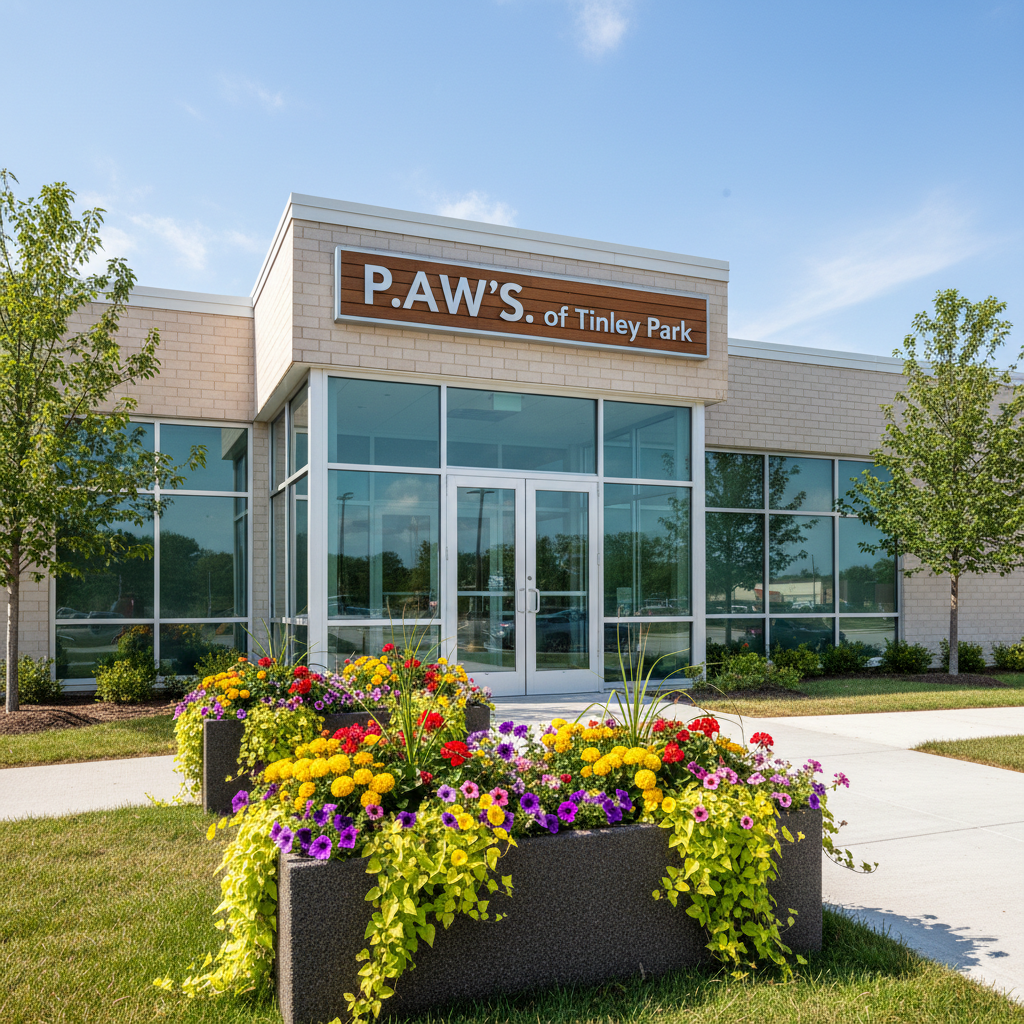 The front entrance of the P.A.W.S. no-kill animal shelter building in Tinley Park, showing a clean facade on a bright day.