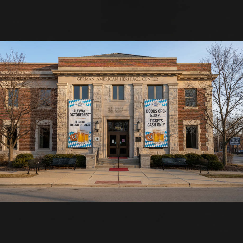 German American Heritage Center entrance with "Halfway to Oktoberfest" event signage displayed before attendees arrive.