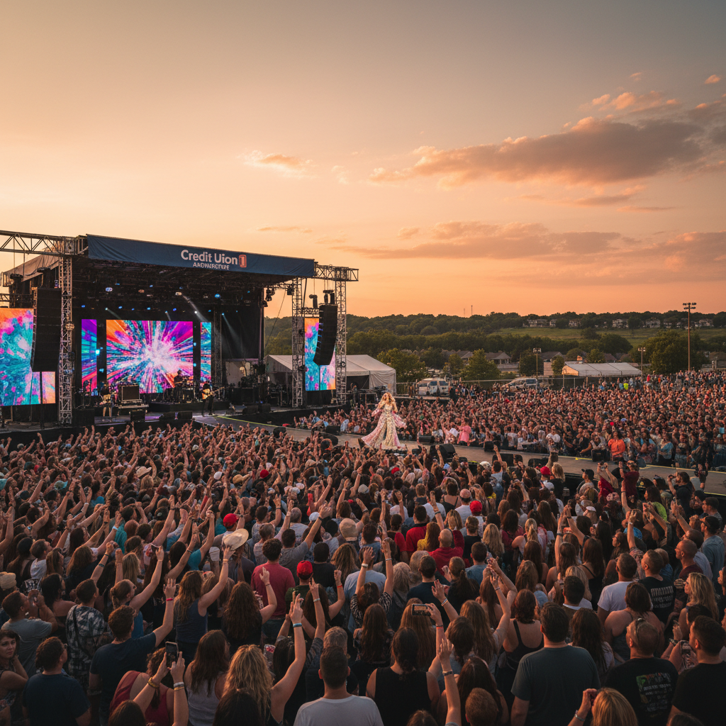 Pop superstar Kesha performs outdoors at an amphitheater in a realistic setting during daytime.