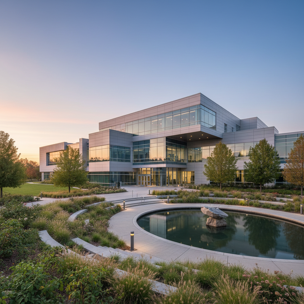 Modern exterior of a school building with landscaped grounds in a suburban setting.