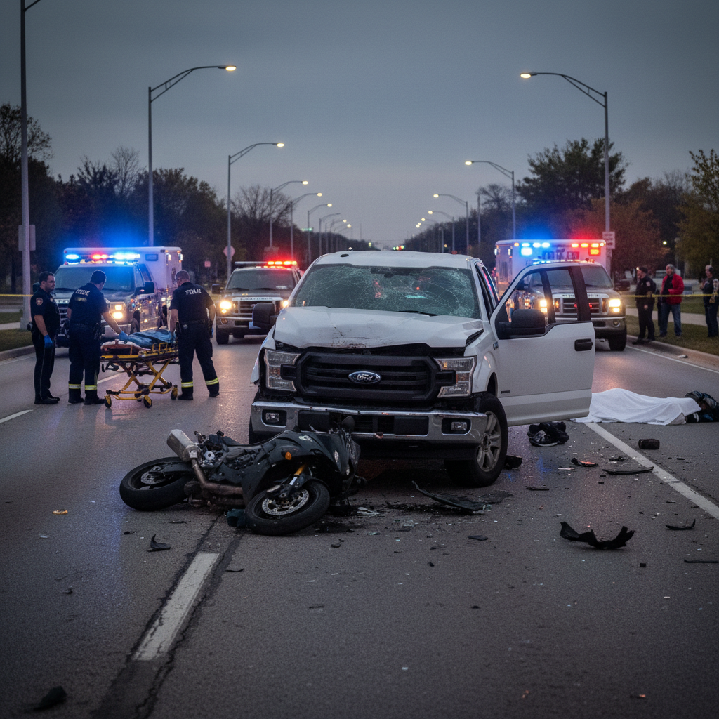 Crash scene on Harlem Avenue in Tinley Park with a damaged motorcycle and pickup truck.