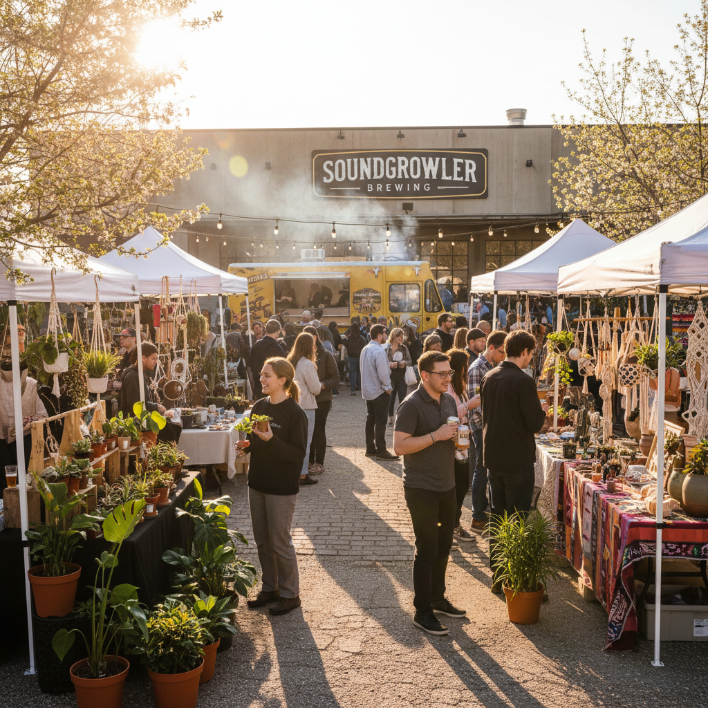 Overhead view of a bustling outdoor market with many stalls selling plants and handmade goods, with people browsing.