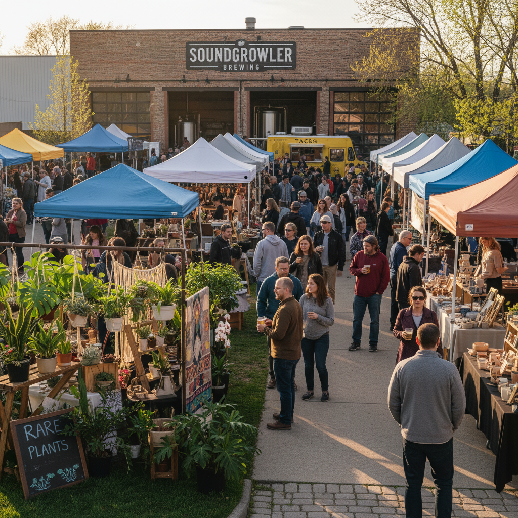 Vibrant Spring Equinox Market at Tinley Park brewery with diverse vendors and rare plants.