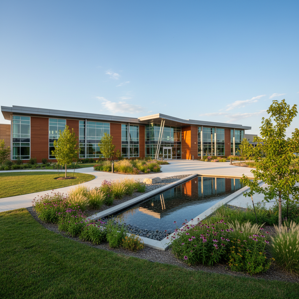 Modern building exterior with landscaped grounds, architectural photography, realistic setting.