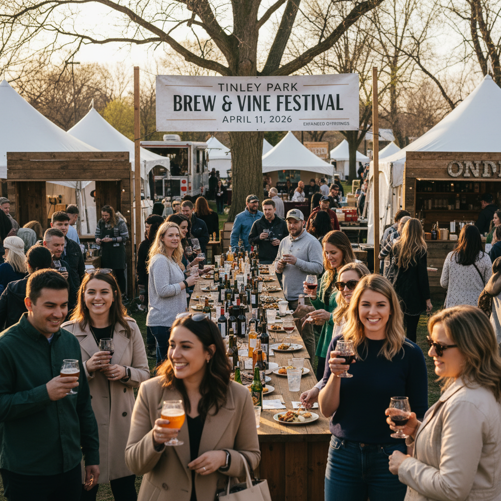 People enjoying craft beers and food at the Tinley Park Brew & Vine Festival in a realistic setting.