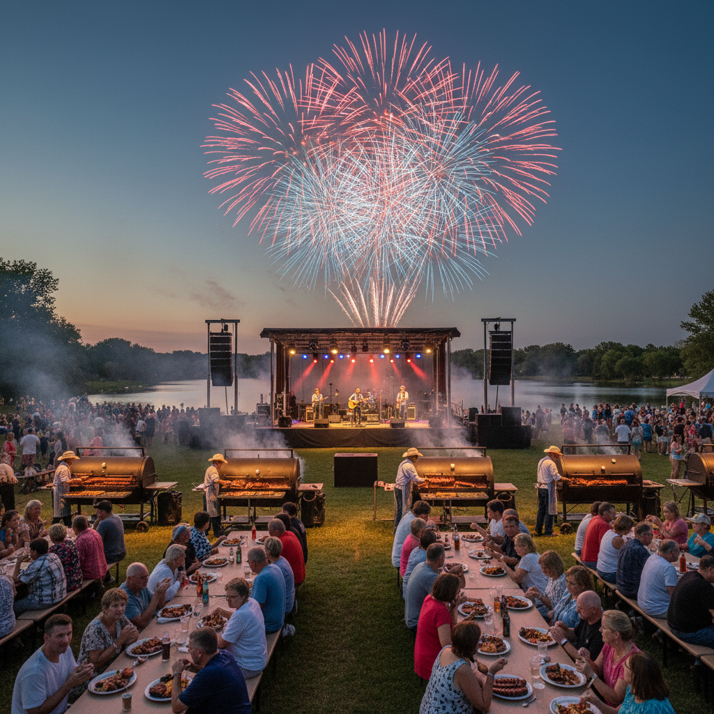 Tinley Park Country Fest features live music stage with performers and pyrotechnics display overhead.