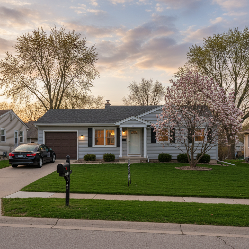 A photorealistic Tinley Park house with 1,028 square feet on a wide establishing shot.