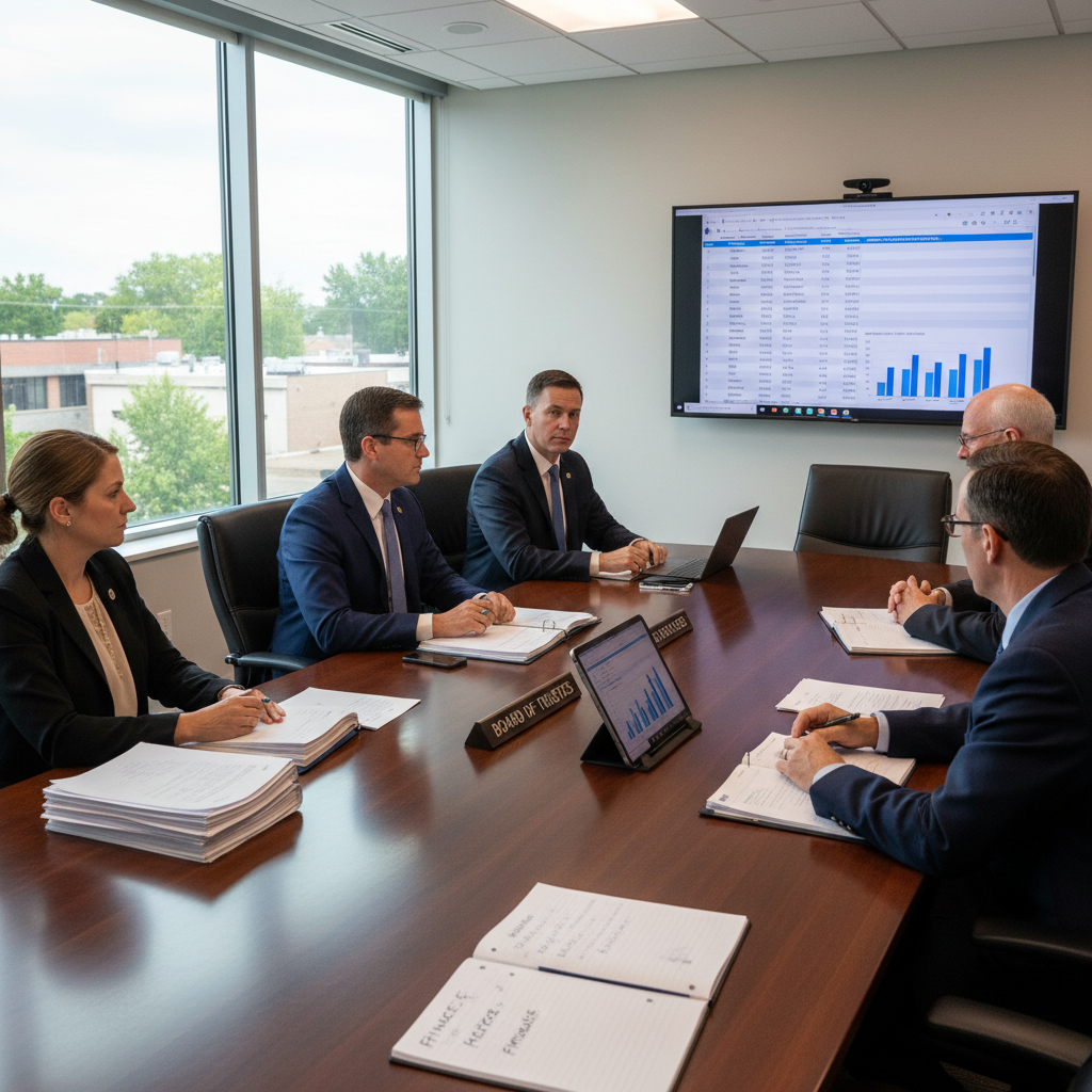 Tinley Park police officers and board members in a meeting room discussing financial reports and fund membership.