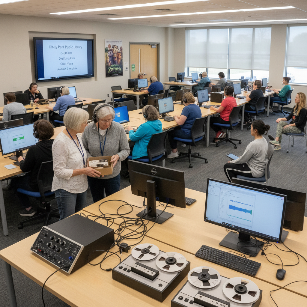 People use computers and a reel-to-reel conversion station in the Tinley Park Public Library classroom.