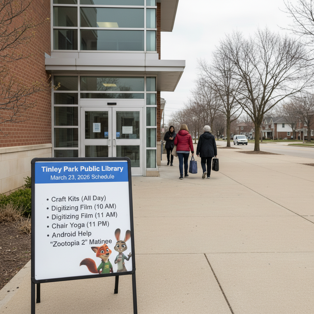 Tinley Park Public Library offers various activities including craft kits, tech help, yoga, and a 'Zootopia 2' movie screening.