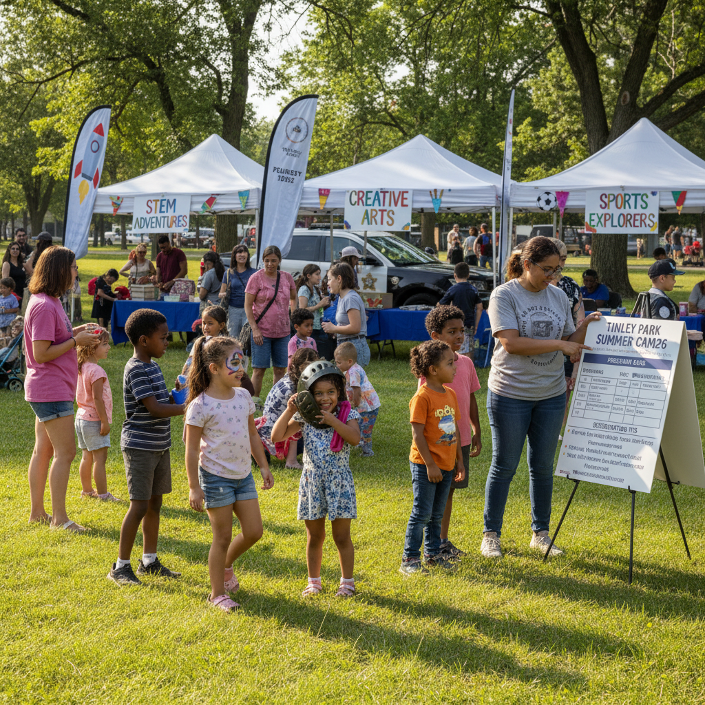 Parents reviewing summer camp options in a realistic park setting, sunny day, outdoors.