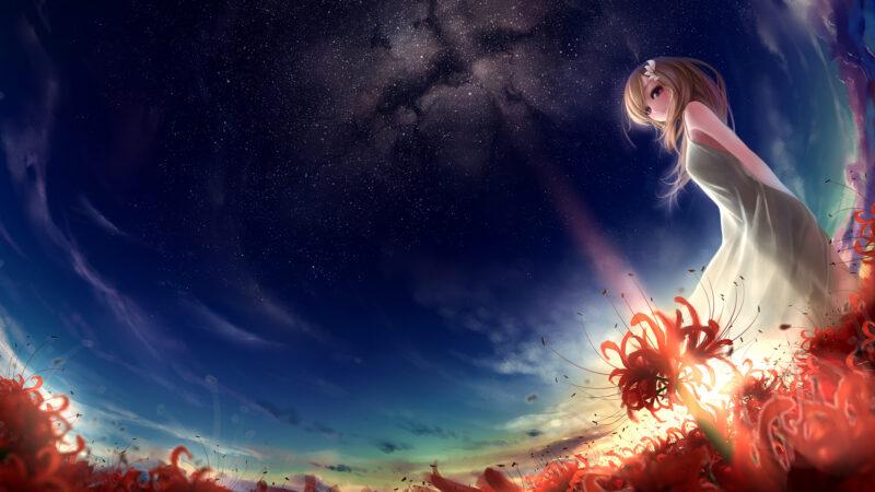 Background anime bầu trời và cô gái