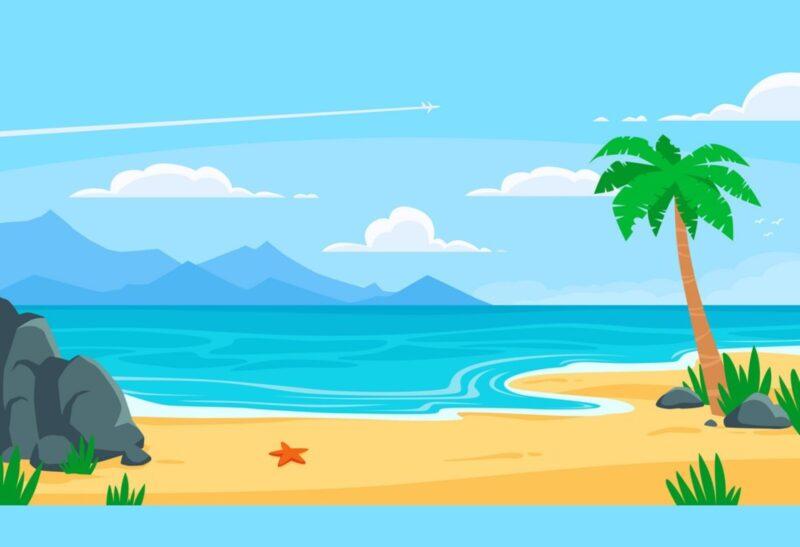 Summer beach background. Sandy seashore, sea coast with palm tree and vocation seaside travel vector cartoon backdrop illustration