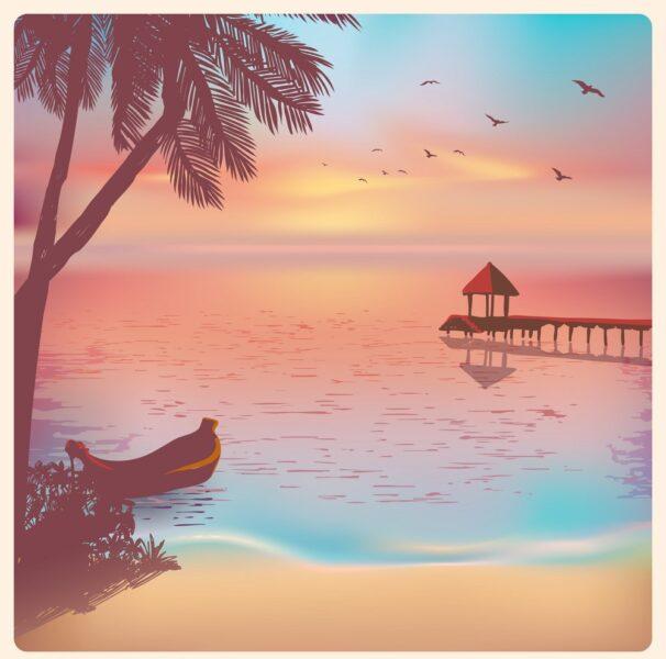 Vintage card with a beautiful sunset on a tropical beach
