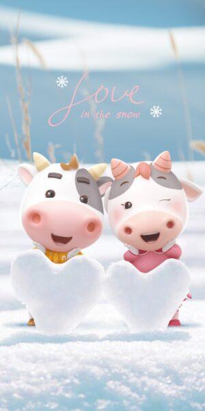 Hình nền hoạt hình dễ thương tình yêu của cặp đôi trâu lãng mãn trong tuyết trắng