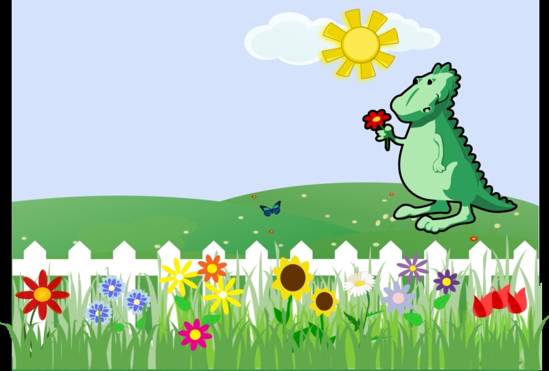 Hình nền Khủng Long cute dễ thương cầm hoa ngày nắng