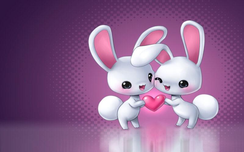 Hình nền thỏ với hai chú thỏ cầm trái tim yêu thương